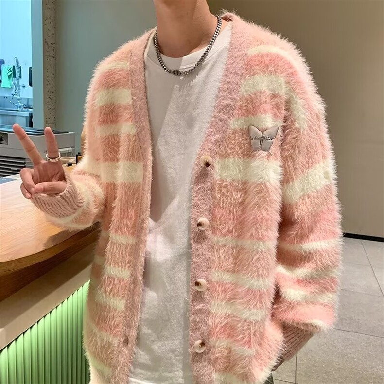 2024秋季新款文艺V领宽松拼色毛衣针织衫开衫外套男女M260/P70,男装针织衫/毛衣,星座506