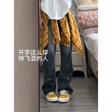 复古蓝水洗工装牛仔裤拼接排扣裤子直筒微喇裤NZ1001特P52，男装牛仔裤，星座908-1