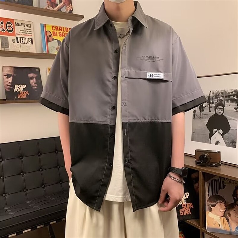 设计感拼接短袖衬衫男夏日系宽松休闲翻领工装衬衣外套CY813-P34,男装衬衫,星座412-2