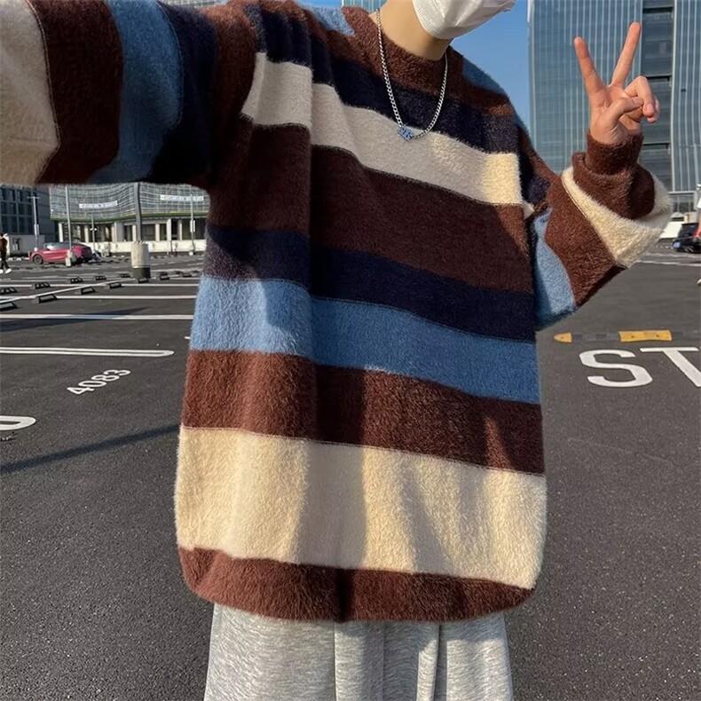 冬季新款撞色条纹水貂绒加厚毛衣男潮牌外穿圆领长袖卫衣,男装针织衫/毛衣,星座410-7