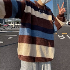 冬季新款撞色条纹水貂绒加厚毛衣男潮牌外穿圆领长袖卫衣，男装针织衫/毛衣，星座410-7