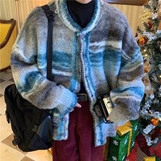 彩色条纹撞色开衫毛衣男女慵懒圆领宽松休闲情侣针织外套SWJ788，男装针织衫/毛衣，星座516A