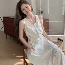 2025夏季复古小众拉链式抽绳收腰显瘦大口袋背心连衣裙女DJ6838，女装连衣裙，蝶眷