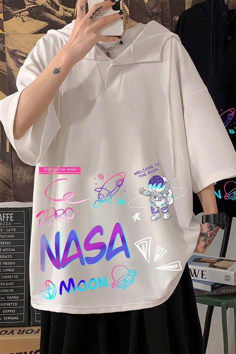 LD54186-P45NASA联名同款连帽短袖t恤男大码胖子带帽五分袖海报风,男装T恤,电商A040