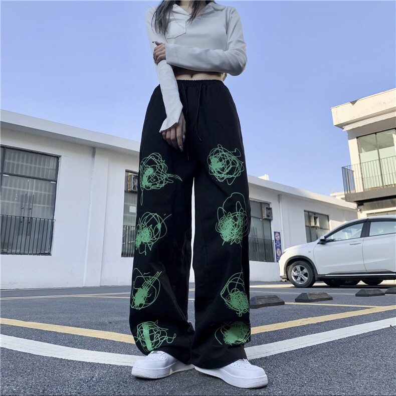 X361-P60街头百搭印花绿色涂鸦长裤男女直筒裤复古宽松休闲裤潮,男装休闲裤,星座911