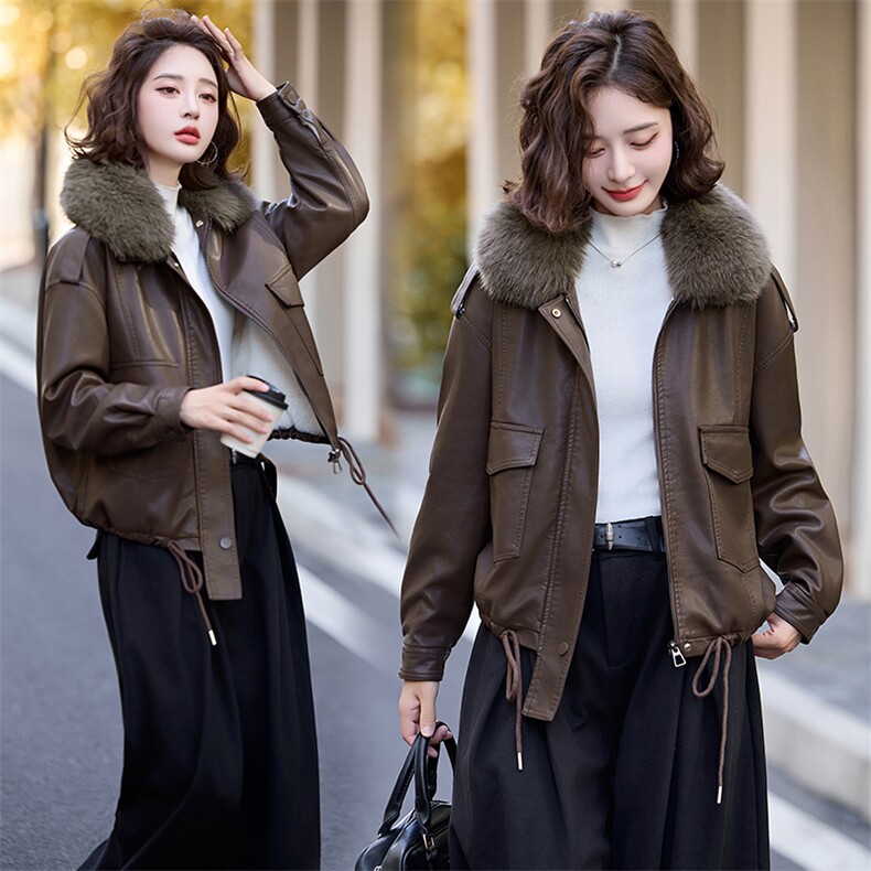 2025年冬季新款现货高品质加绒配毛领保暖皮衣外套（毛领可拆卸），女装皮衣，臻衣坊
