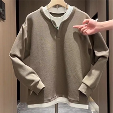 新款高克重假两件圆领卫衣男时尚百搭休闲宽松加绒上衣WY164P45，男装卫衣，星座1013-5