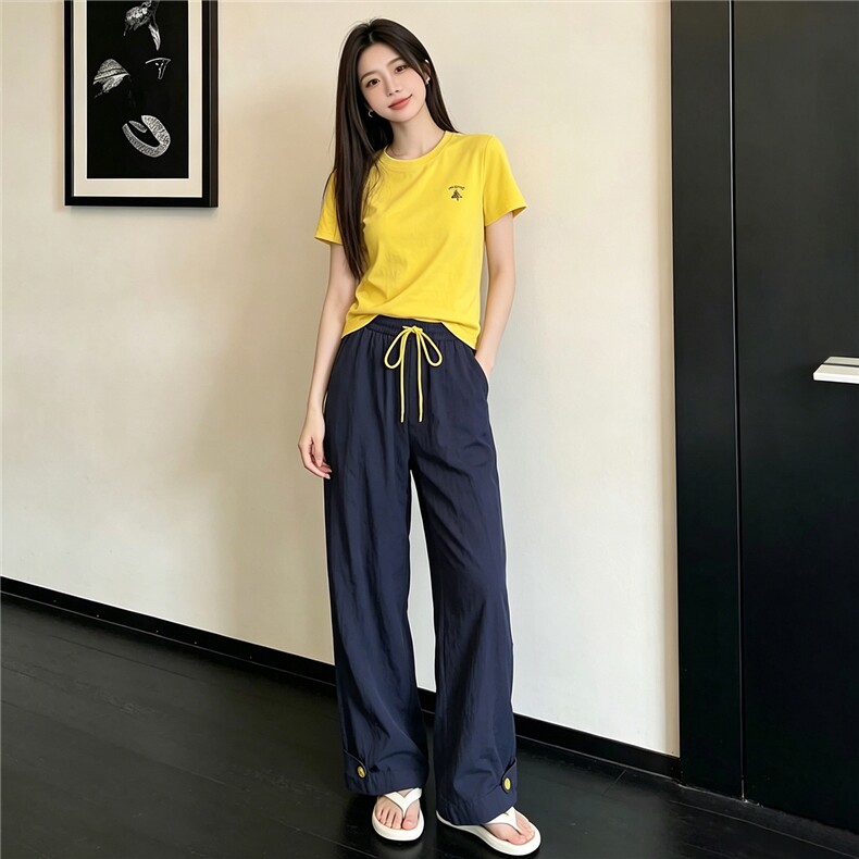 女夏季新款韩版时尚休闲套装修身圆领黄色短袖上衣阔腿长裤两件套图片