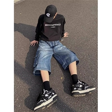 多口袋牛仔短裤男款夏季美式高街工装七分裤百搭宽松阔腿中裤子男，男装牛仔裤，星座218-1（原230）