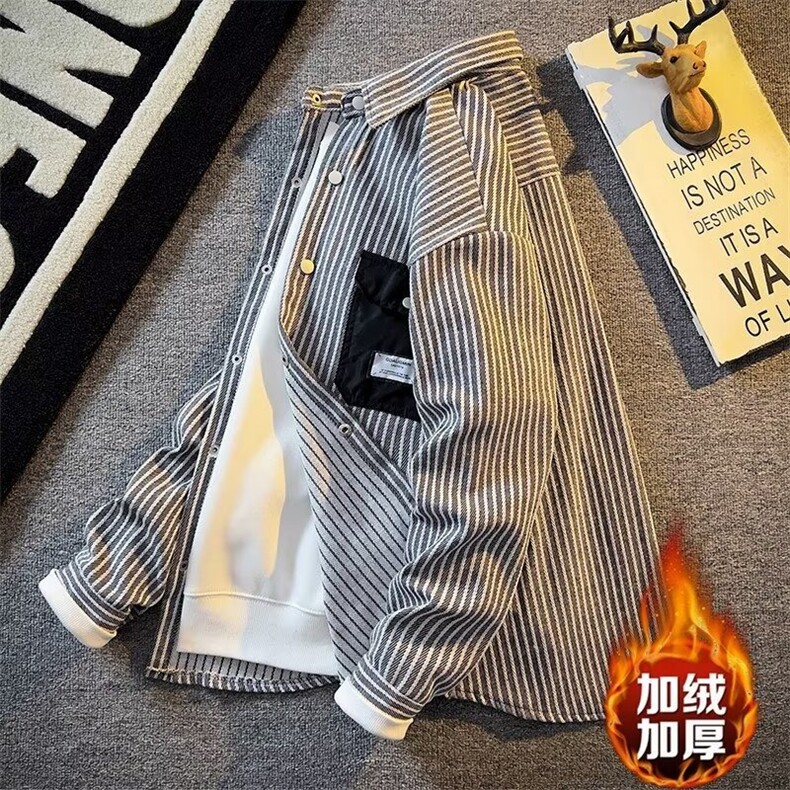 1506-1/JXXF0321/P59日系复古条纹衬衫男长袖加绒时尚外套男女,男装衬衫,星座1506-1