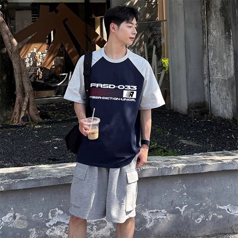 抖音得物高品质二开240克宽松纯棉美式潮牌插肩袖拼接短袖T恤,男装T恤,电商A486-1