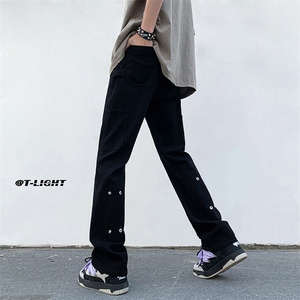 美式ins高街牛仔裤小众百搭微喇铆钉纽扣拼接牛仔裤K2312-P60图片