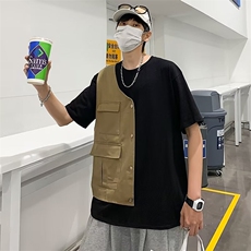 2025新款男装假两件t恤小众拼接短袖潮牌不规则半袖TT804P32，男装T恤，星座1108