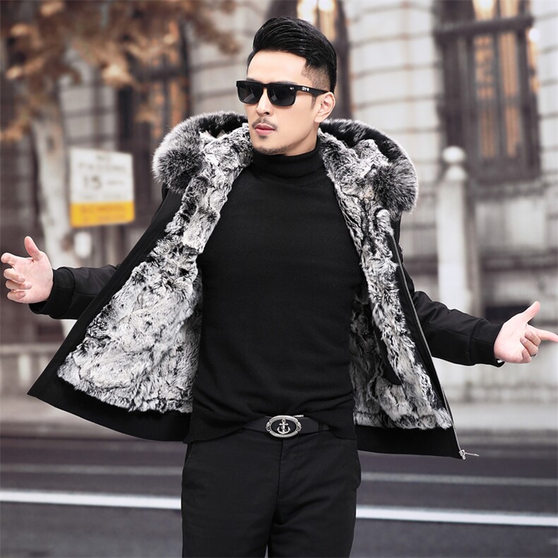 PK225冬季男士连帽大狐狸真毛领青年派克服兔毛内胆可脱卸P630，男装皮衣，电商B360