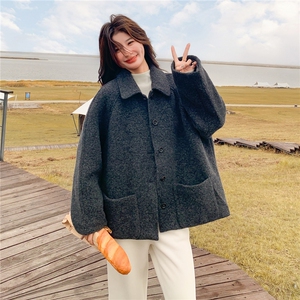 韩系简约宽松羊毛呢子大衣女秋冬气质短款翻领小个子休闲毛呢外套图片