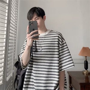 DA149-P50条纹t恤短袖男夏季宽松休闲半袖上衣高街潮牌五分袖体恤图片
