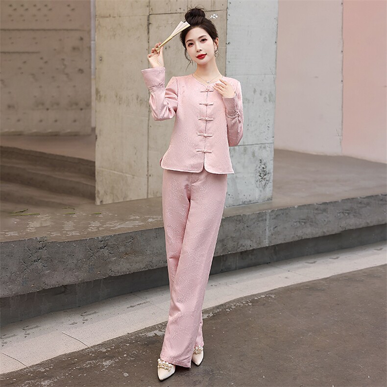 新中式国风套装女2024春秋新款禅意茶服复古盘扣唐装阔腿裤两件套,女装套装/套裙,韩美纤衣