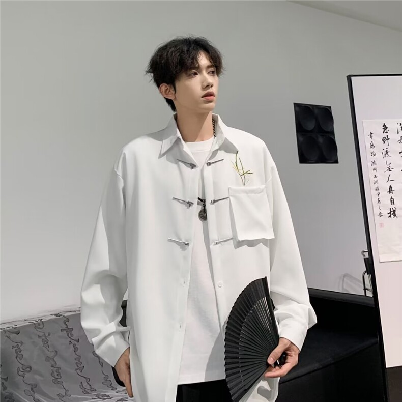 风刺绣手工缝骑兵斜衬衣男士新中式长袖衬衫痞帅唐装外套CS01,男装衬衫,星座1116A-1（原606A）
