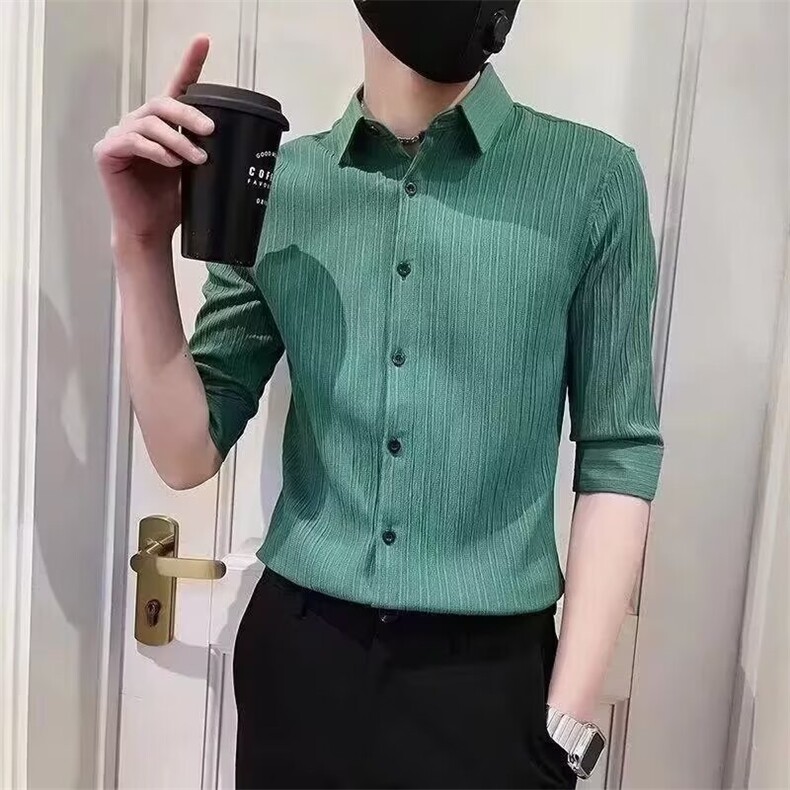 夏季新中式条纹冰丝立领衬衫男士中袖七分袖修身白色薄款时尚衬衣,男装衬衫,星座506A