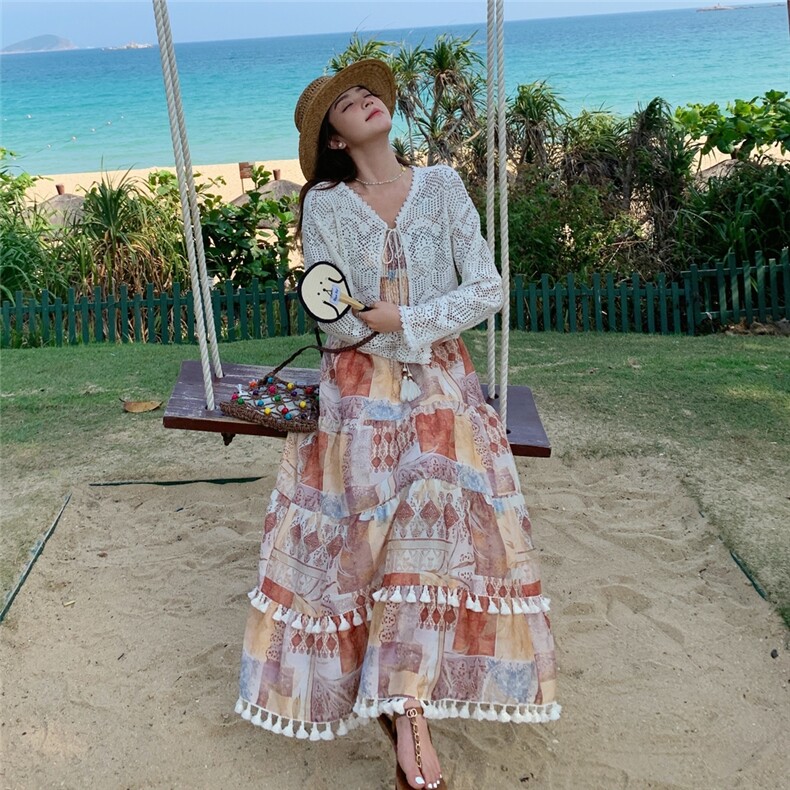 2025夏季新款长袖开衫印花吊带裙两件套潮复古民族风连衣裙套装女,女装套装/套裙,2C299