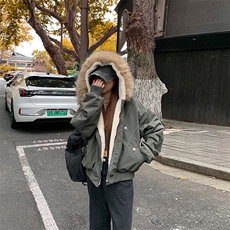 现货重磅boxy短款棉衣座山雕大毛毛领男女棉服水洗工装厚外套，男装棉衣，电商A486-1