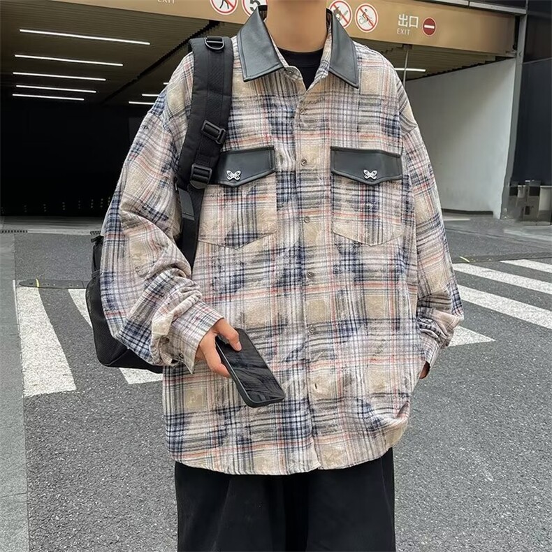 春秋PU拼皮翻领衬衫男宽松百搭格子长袖衬衣外套潮1290-P45,男装衬衫,星座910-5