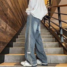 牛仔裤男秋冬季复古宽松直筒长裤青少年抽绳阔腿裤子NZK503-P48，男装牛仔裤，星座302B-2