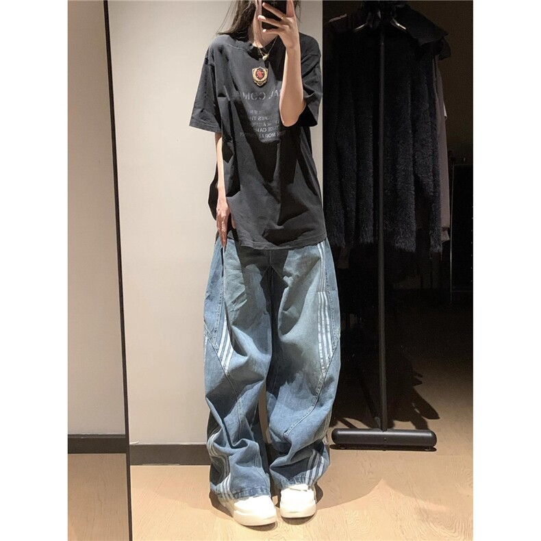 美式条纹弯刀阔腿牛仔裤男女秋季街头宽松百搭拖地长裤AMG206 P56图片