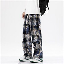 2026港风小香风扎染抽绳休闲裤膝盖褶皱大码M-5XL工装裤77937P45，男装工装外套，星座227-7