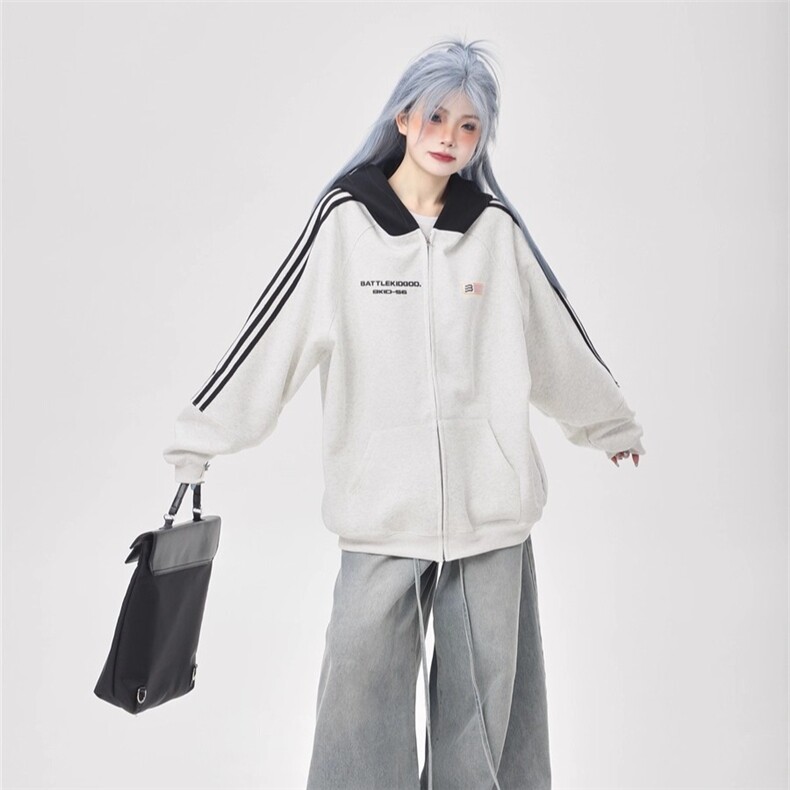 网络图现货潮牌复古拼接三条杠连帽卫衣男女拉链棒球服J8031-P45，女装职业装，星座715-7