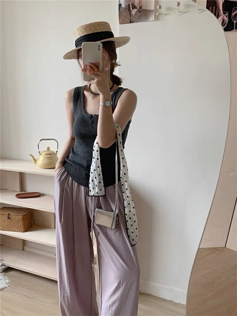 高品质冰丝针织吊带背心女内搭无袖打底衫上衣纽扣背心春夏新款,女装背心吊带,斯尔特羊绒