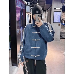 麂皮绒风盘扣外套男女棒球服三条杠运动开衫夹克卫衣,黄羽绒服搭配卫衣图片