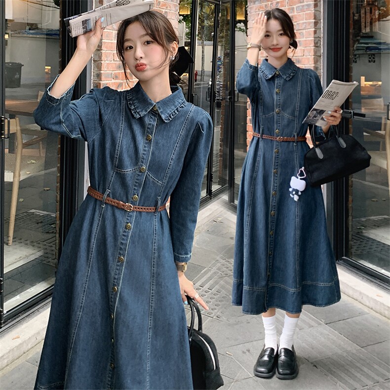 现货2024牛仔连衣裙女新款春装宽松休闲慵懒风复古气质衬衫裙子，女装连衣裙，钱塘布衣