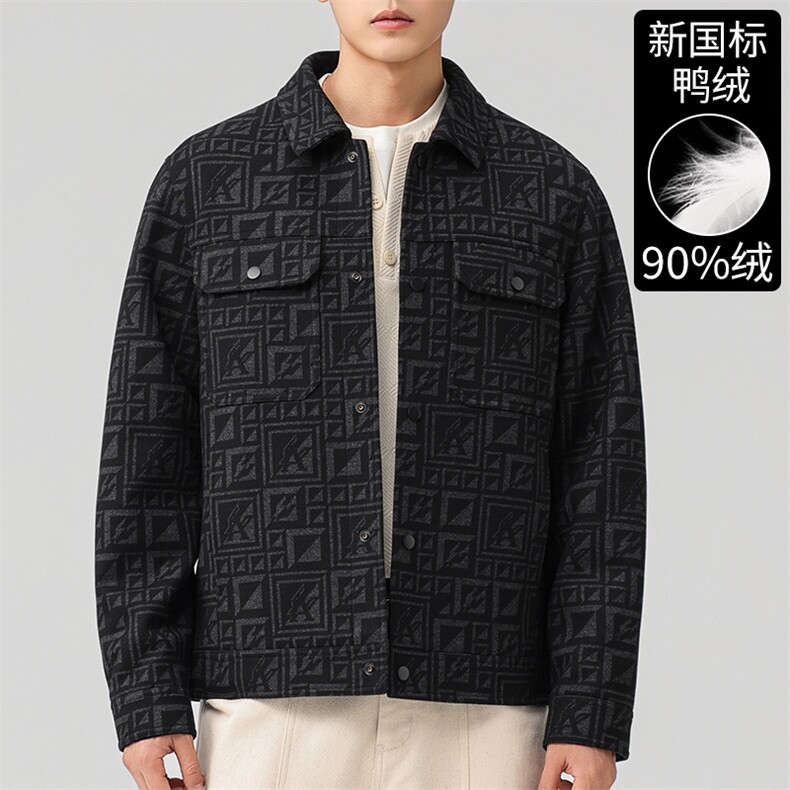 2025新标90%鸭绒男士翻领工装羽绒服字母暗纹设计防风保暖外套,男装羽绒服,钱塘723