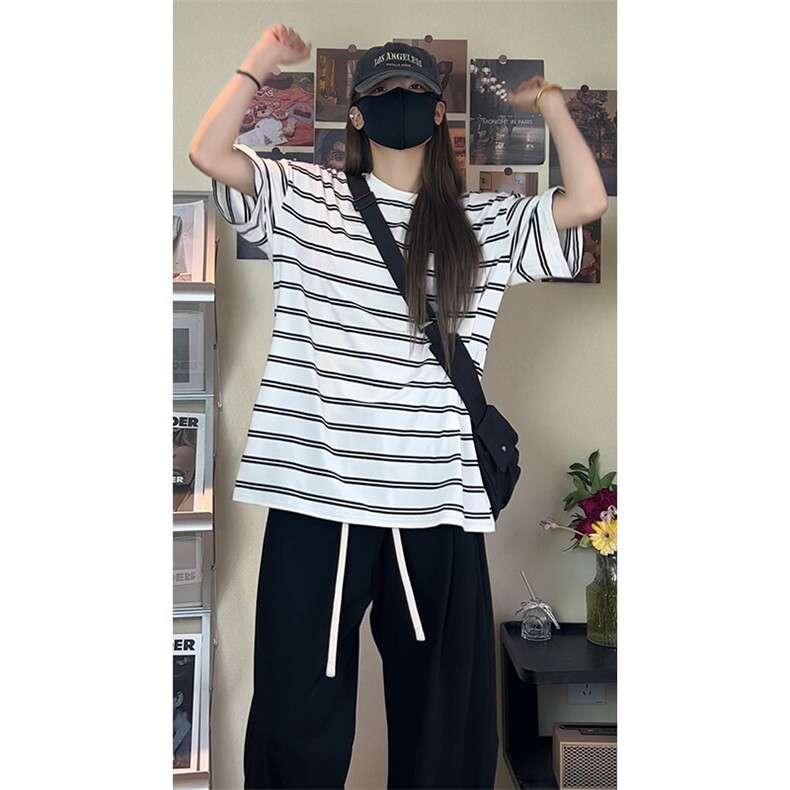 黑白条纹冰丝短袖t恤男款夏季薄款美式复古宽松落肩圆领半袖上衣,男装T恤,电商A007