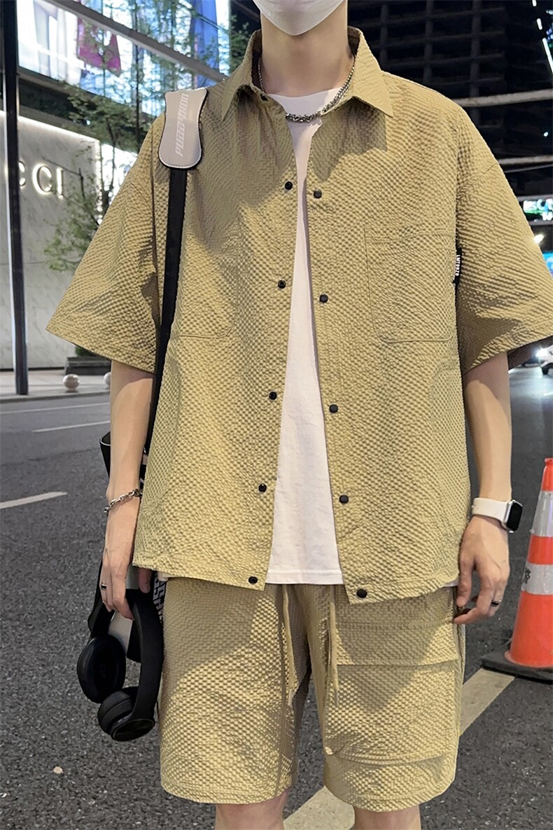 夏季薄款冰丝短袖衬衫情侣短袖短裤两件套装A455P65,男装衬衫,电商A309