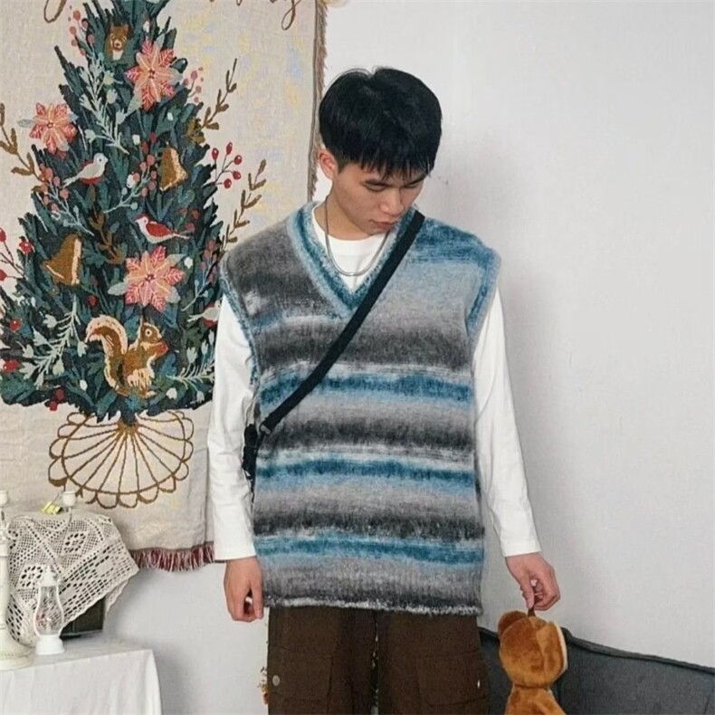 789-P50小众慵懒风复古撞色条纹无袖针织衫马甲男女春秋宽松,男装针织衫/毛衣,电商B323A