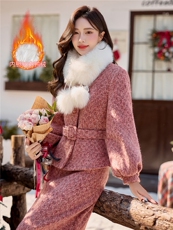 bao款现货2025新款冬装真狐狸毛质感新中式套装羽绒服90绒有腰带，女装羽绒服，众宇琦