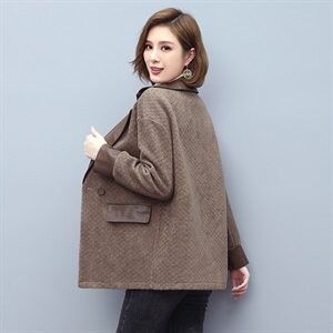 2021秋冬季新款女装水洗皮短款毛呢外套皮毛一体妈妈装拼接大衣图片