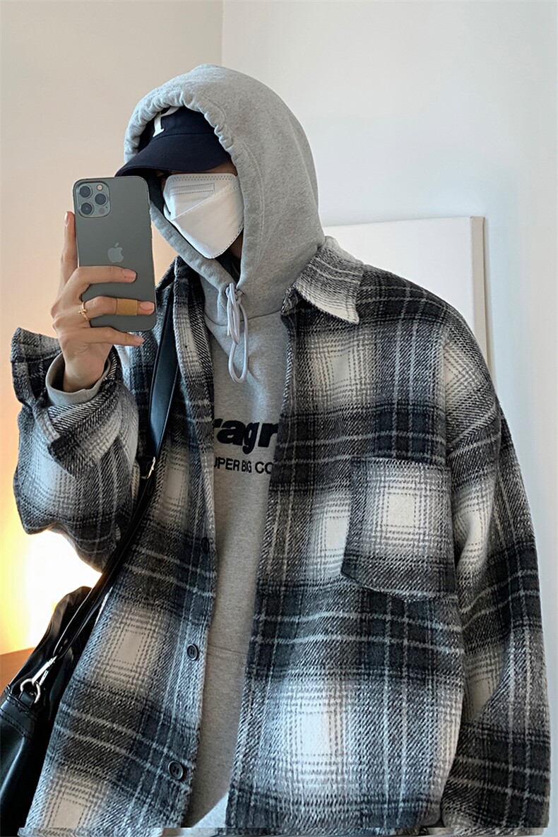 厚格子衬衫男秋季潮牌ins宽松毛呢料衬衣休闲帅气外套DX159P65,男装衬衫,电商B413-1
