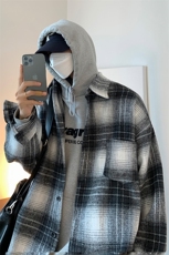 厚格子衬衫男秋季潮牌ins宽松毛呢料衬衣休闲帅气外套DX159P65，男装衬衫，电商B413-1
