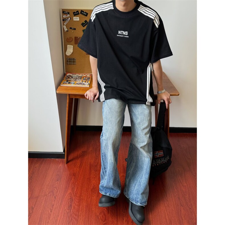 长裤潮流新款美式复古闪电爆裂纹蓝色牛仔裤男微喇显瘦裤子日系,男装牛仔裤,星座506A