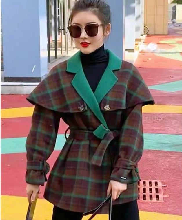 2022新款洋气绿格子斗蓬披肩款羊毛双面呢大衣,女装其它,L·H·X