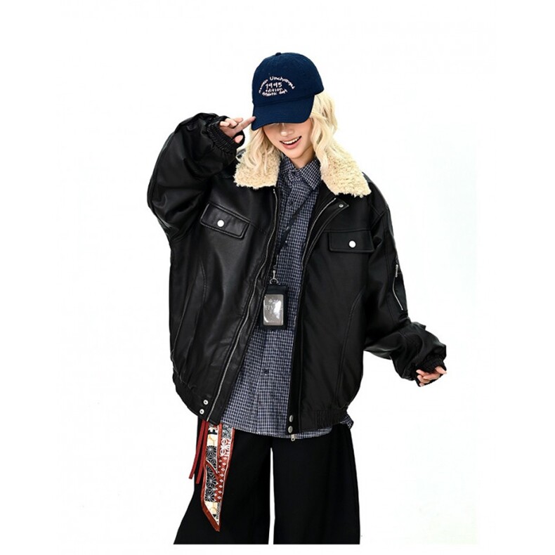 翻领毛领拼接美式复古棉服外套男女冬季新款百搭pu夹棉皮衣,男装皮衣,星座410-6（原星座1304-1）