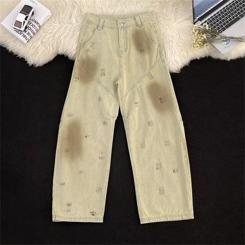 复古弯刀牛仔裤男美式cleanfit高街青少年解构阔腿长裤AMQ53P62，男装牛仔裤，星座1013-5