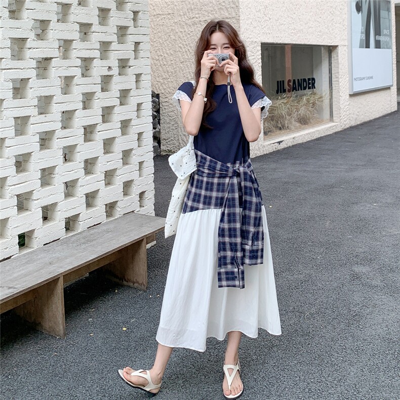 设计感撞色拼接小飞袖连衣裙女2025夏季新款韩系休闲绑带显瘦长裙,女装连衣裙,1C130