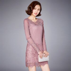 优雅蕾丝拼接长袖连衣裙 显瘦修身气质女装 时尚百搭秋季新款图片