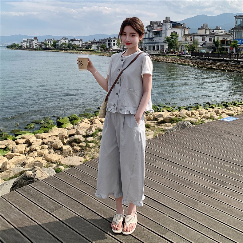 韩版现货休闲时尚设计感下摆木耳边套装套裤女潮182-8699P155K228,女装套装/套裙,帛香坊