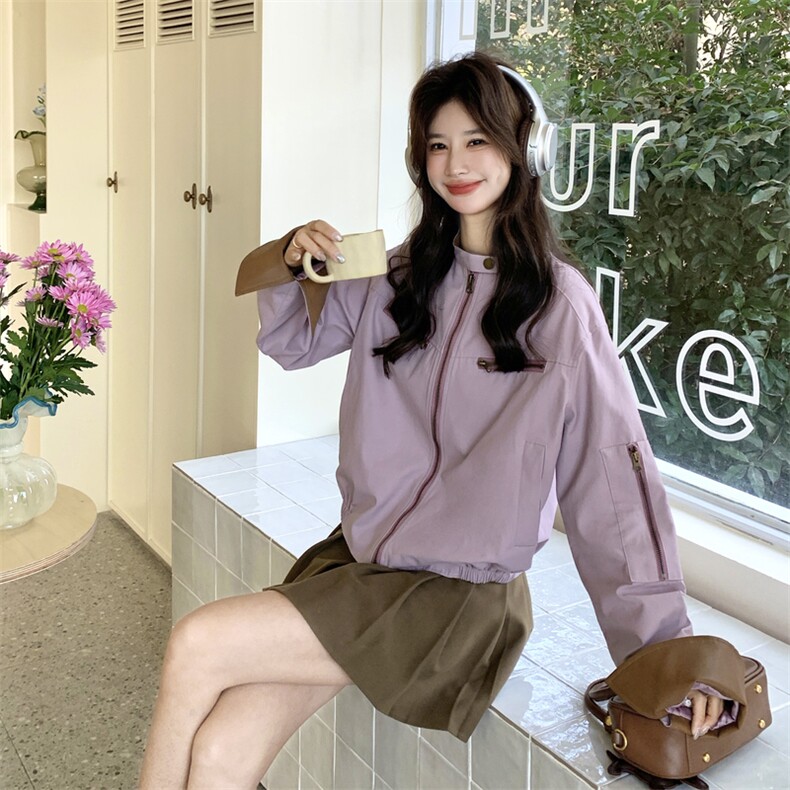 新款有货紫色拼皮夹克外套5508P145K218,女装短外套,2C176