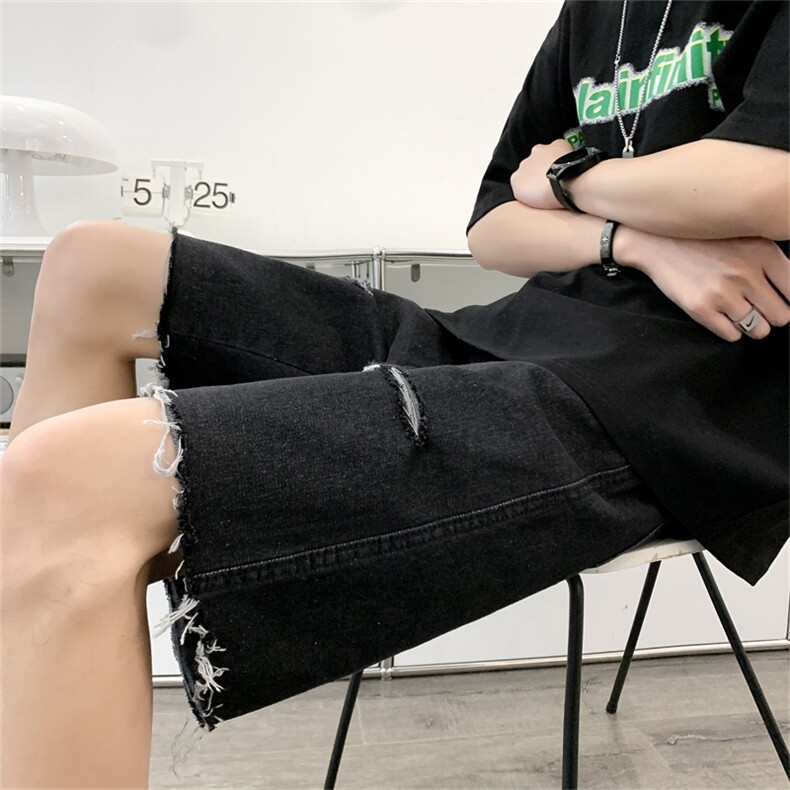 夏季薄款破洞牛仔裤男美式宽松直筒阔腿裤潮流五分裤,男装牛仔裤,星座410-7
